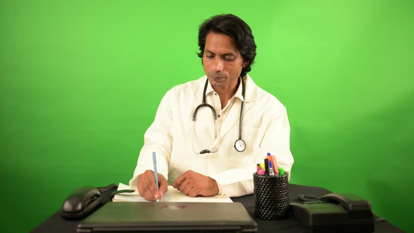Doctor reviews patient condition at his desk in clinic, Physician discusses treatment while wearing a lab coat, Surgeon explains surgery details clearly, Clinician writes symptoms and outlines care