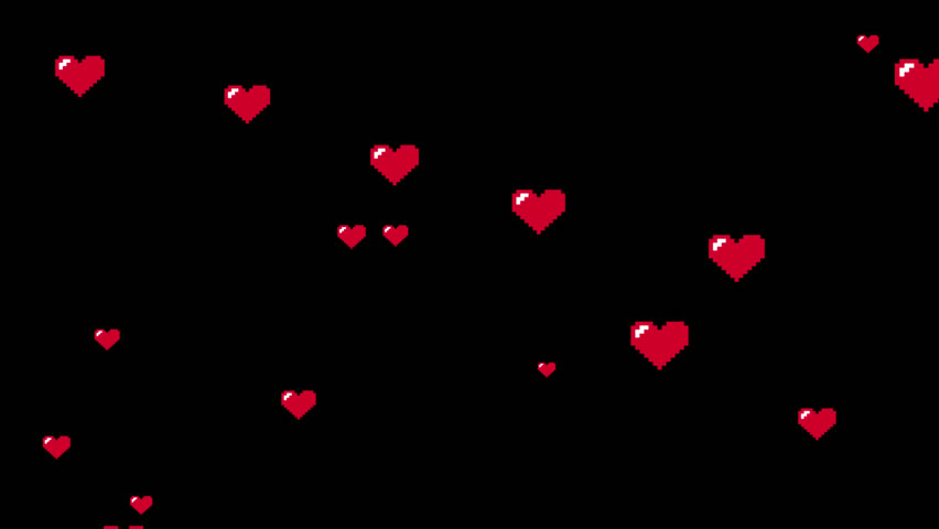 red pixel art heart particles animation on transparent background with alpha channel