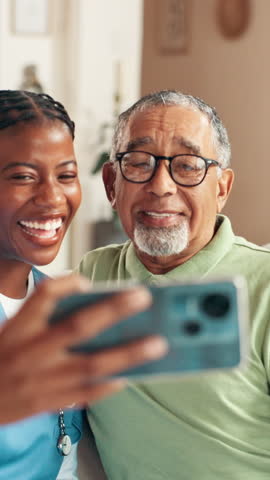 Happy, senior and nurse with selfie for photography, picture or memory together at old age home. Caregiver, elderly patient and laughing with smile for capture, healthcare or volunteering service