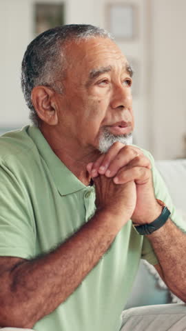 Senior man, thinking and sofa with regret, stress or anxiety for decision, old memory or doubt at home. Elderly, male person or pensioner with mental health or wonder for social isolation at house