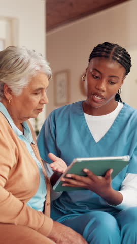 Help, tablet and nurse with senior woman for telehealth, online insurance and medical care. Home, retirement and caregiver with mature person on digital tech for website, research and diagnosis