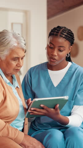 Help, tablet and nurse with senior woman for telehealth, online insurance and medical care. Home, retirement and caregiver with mature person on digital tech for website, research and diagnosis