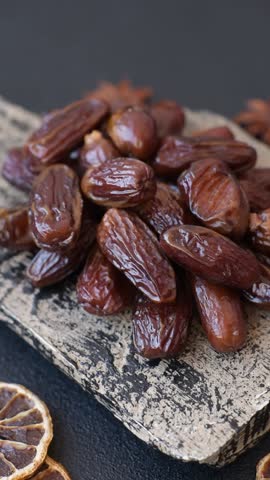 Dried tropical date fruit as an ingredient for fresh organic diet food. Vegan, vegetarian food