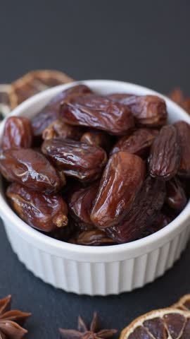 Dried tropical date fruit as an ingredient for fresh organic diet food. Vegan, vegetarian food