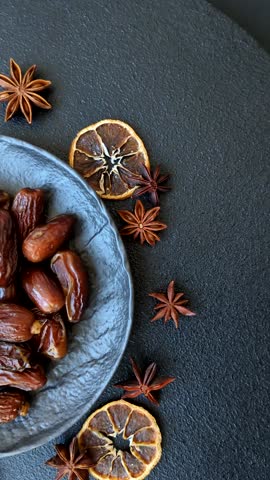 Dried tropical date fruit as an ingredient for fresh organic diet food. Vegan, vegetarian food
