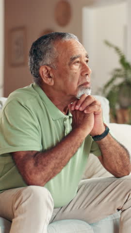 Old man, sad with thinking on sofa in retirement home for regret, lonely and nostalgia with reflection. Anxiety, mental health and elderly person with depression for memory, contemplation or remember