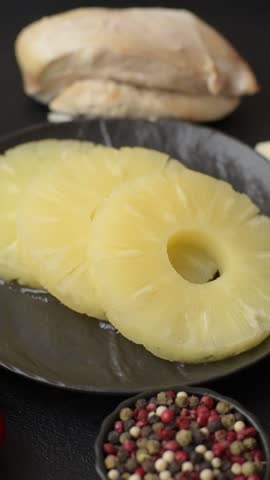 Tropical fruit pineapple in rings or slices tinned sweet yellow colour