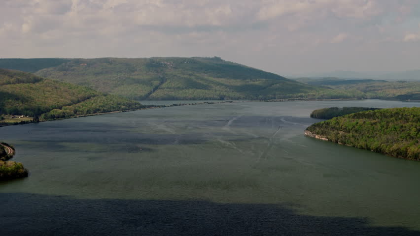 An aerial view of Tennessee River on Marion County Park near Chattanooga on a sunny day in Tennessee, USA