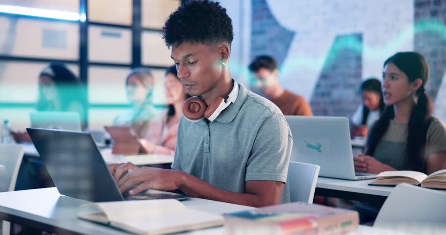 Man, laptop or hologram of dashboard for trading, data analysis workshop and future in business. Student, tech or UI interaction in college for finance management, economy course or typing statistics