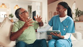 Tablet, hugging and senior man with nurse on sofa for good news, help or support with treatment. Technology, thank you and caregiver embracing elderly male patient in living room at nursing home. - Powered by Shutterstock - Get 15% off with code: PIKWIZARD15