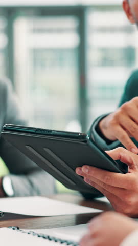 Meeting, hands and employee with tablet, discussion and ideas for proposal in business, sales and online. Corporate, investor and people with tech for research, digital or pitch for project in office