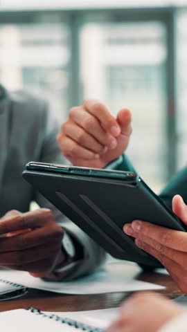 Meeting, hands and employee with tablet, discussion and ideas for proposal in business, sales and online. Corporate, investor and people with tech for research, digital or pitch for project in office