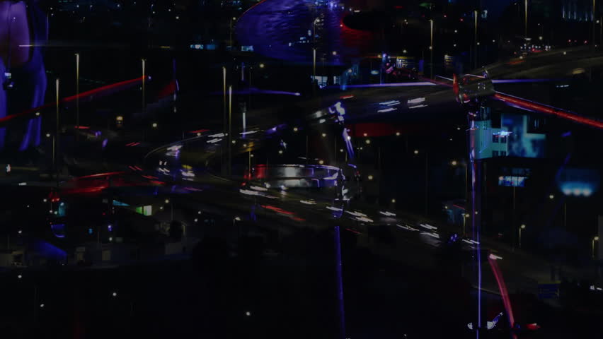 drummer hitting cymbal in music show under purple lights, blending animated city traffic streaks. Music, performance, urban, nightscape, nightlife, artistic, stage