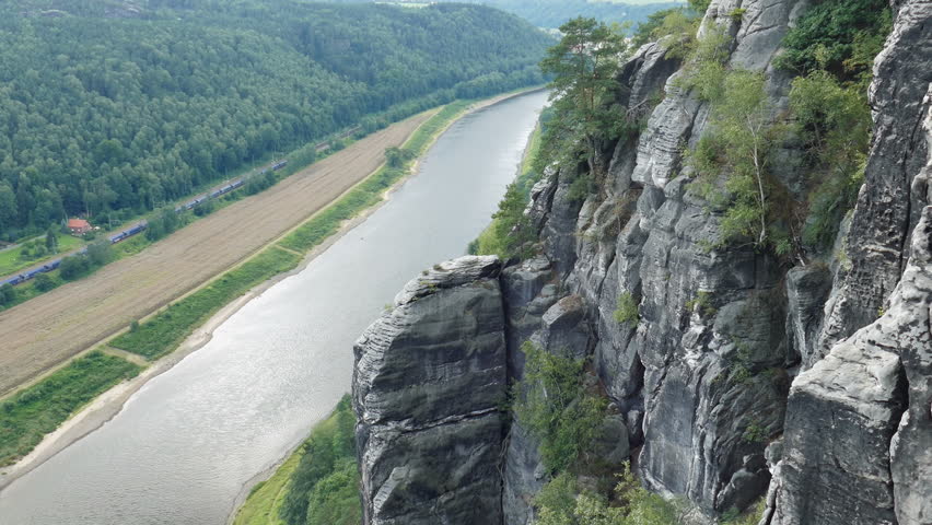 The Elbe river and cliffs of Bastei. Elbe Sandstone Mountains. Germany
