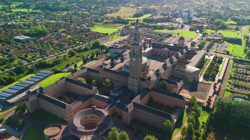 Aerial view of La Laboral City of Culture in Gijon, Asturias, northern Spain. The monumental former Technical College, built in 1948, now serves as a modern cultural center in Asturias.
