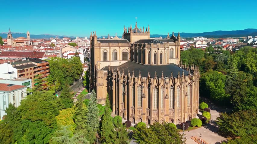 Aerial view of the Cathedral Maria Inmaculada in Vitoria-Gasteiz, Basque Country, Spain. Beautiful New Cathedral building and Vitoria cityscape captured on a sunny summer day