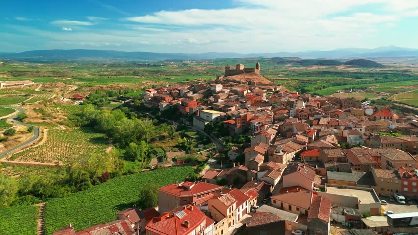 Aerial view of San Vicente de la Sonsierra, a medieval hilltop town in La Rioja, Spain. Historic buildings of the San Vicente de Sonsierra, La Rioja, Spain 