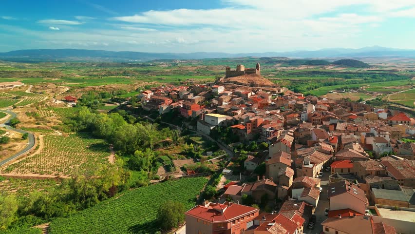 Aerial view of San Vicente de la Sonsierra, a medieval hilltop town in La Rioja, Spain. Historic buildings of the San Vicente de Sonsierra, La Rioja, Spain 