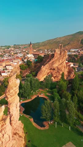 Aerial view of Autol village near Logrono, La Rioja, Spain, known for its unique rock formations in Picuezos Park