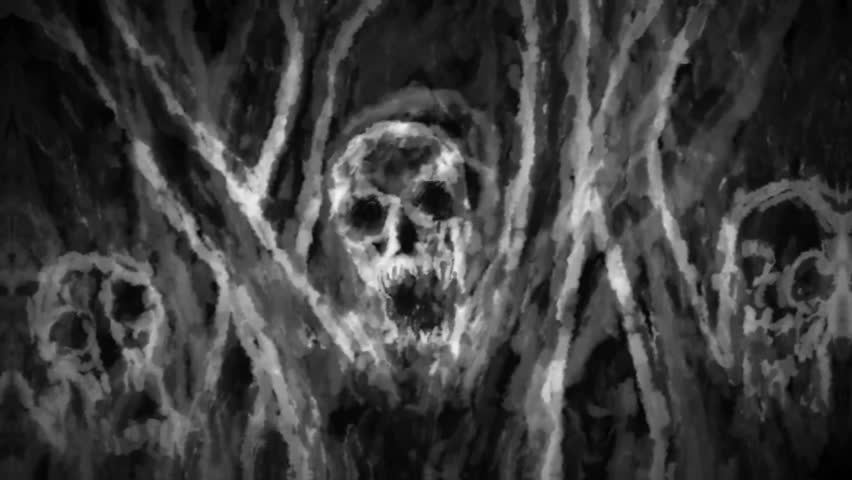 Dark 2D animation with devilish characters and monsters. Collection of motion graphics in the horror genre. Scary video clip. Black and white background for Halloween.