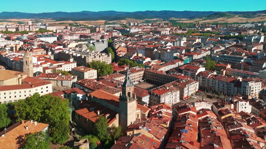 Aerial view of Vitoria-Gasteiz cityscape, Basque Country, Spain. Picturesque Plaza Virgen Blanca square with historic buildings in the old town, captured on a sunny summer day.