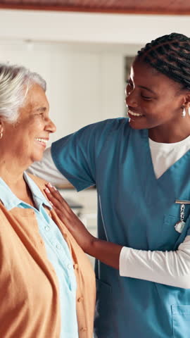 Comfort, happy and nurse with senior woman in nursing home for support, help or medical consultation. Healthcare, holding hand and caregiver with elderly female patient for trust, empathy or kindness