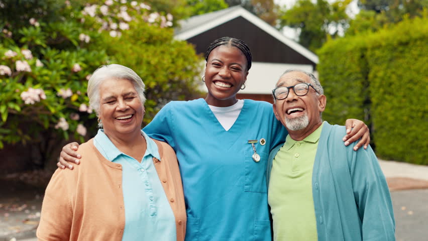 Elderly couple, face and nurse outdoor with hug, support and happy for assisted living care. Senior people, caregiver and laugh in neighborhood for joke, relationship development and trust in service