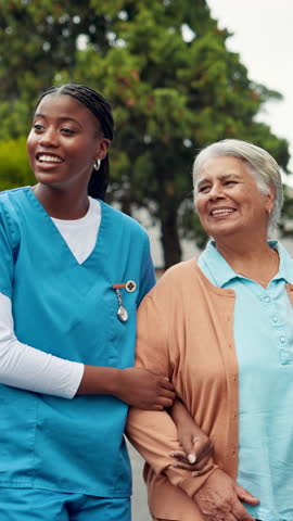 Nurse, elderly woman and laughing outdoor with discussion, morning exercise and mobility support. Smile, caregiver and talk with senior person for rehabilitation, recovery and balance at nursing home