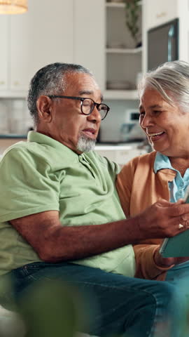 Senior, couple and laughing with tablet in retirement for funny online video, watching comedy movie and bonding. Love, happy people and relax with digital app in home for streaming show or comic blog