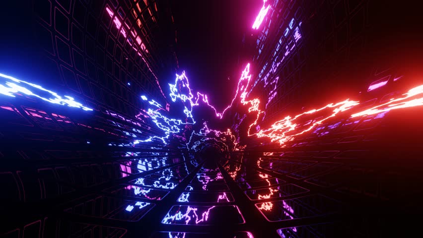 Hi-tech neon sci-fi tunel. Trendy neon glow lines form pattern and construction in mirror tunnel. Neon pattern, signal. Fly through technology cyberspace. 3d looped seamless 4k bright. 3D Illustration