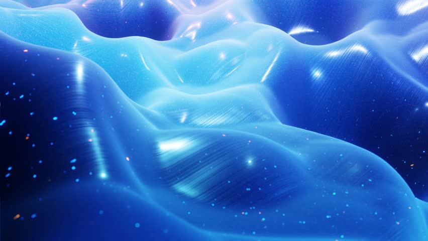Looped background, waves move on glossy surface like landscape made of liquid blue wax with sparkles. Stylish abstract blue surface as fantastical festive bg. Beautiful soft bg with smooth animatin 4k