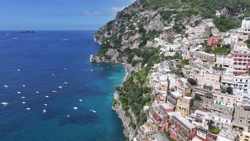 Amalfi Coast At Positano In Salerno Italy. Coastal City. Waterfront Landscape. Amalfi Coast At Positano In Salerno Italy. Beach Scenery. Medieval Buildings. Amalfi Coast Skyline.