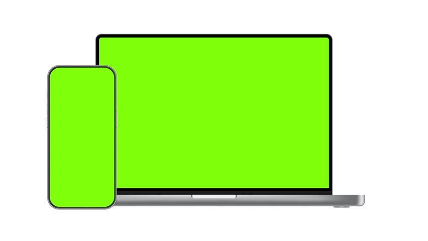 Animated Devices Set With Green Screens. Smartphone With Opening Laptop Mockup, Tablet and PC With Cellphone. Animation For Web Presentations