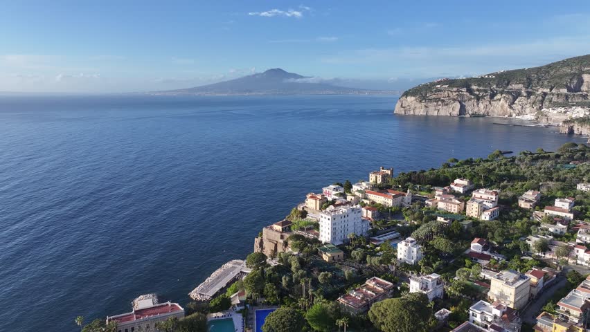 Sunset Sorrento Coast At Sorrento In Naples Italy. Beach Landscape. Giant Cliffs Scene. Sorrento Coast At Naples Italy. Sunset Skyline. Gulf Of Naples Mediterranean Sea. Amalfi Coast Skyline.