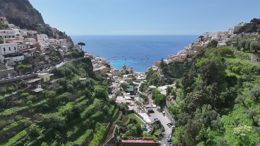 Amalfi Coast At Positano In Salerno Italy. Coastal City. Waterfront Landscape. Amalfi Coast At Positano In Salerno Italy. Beach Scenery. Medieval Buildings. Amalfi Coast Skyline.