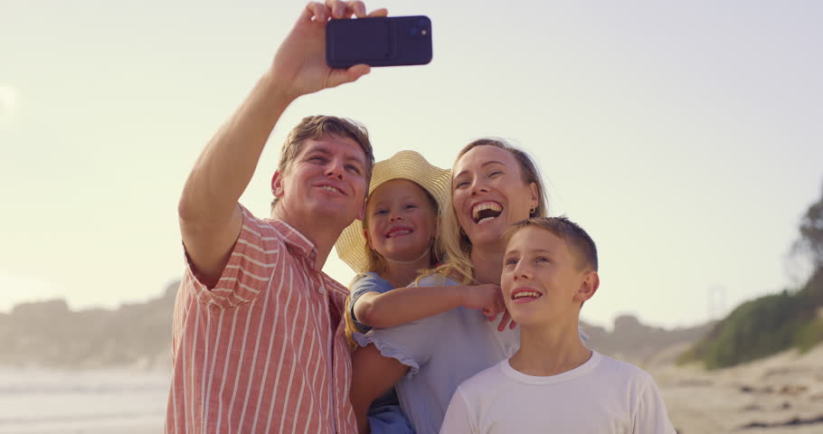 Kids, parents and happy family in selfie at beach for holiday, vacation and travel together in summer. Mom, dad and girl children siblings at sea for picture or memory in ocean with smile in Greece