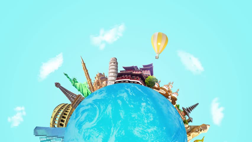 2D animation. World religious and architecture monuments- collage or globe from different religions from Asia, Africa and Europe.
