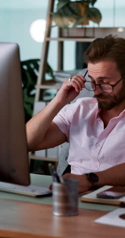 Happy, businessman and stretching at office for break, completion or finished tasks on desk. Calm man, employee or rest with smile in comfort for productive day, done or stress relief at workplace