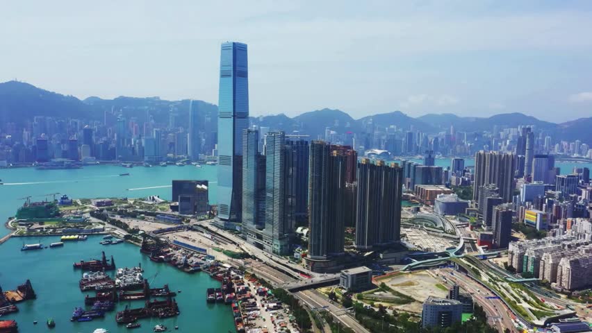 Panoramic Aerial View of Hong Kong Skyline and Harbor