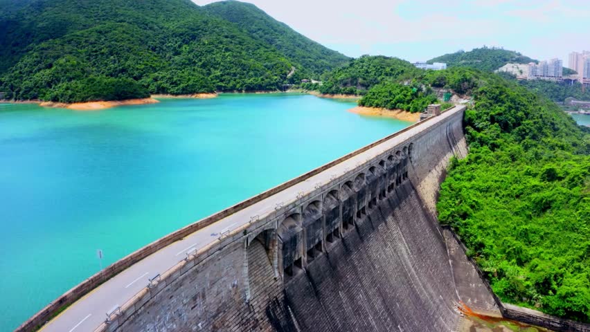 Aerial View of High Island Reservoir Dam and Lush Green Surroundings