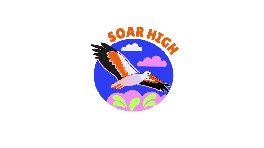 A flat style animated sticker of a flying bird with soar high typography