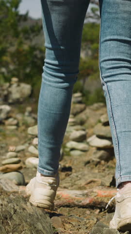 Tourist walks across glade with stacked rocks to pine wood backside view. Visiting place of spiritual energy. Altai country traditions