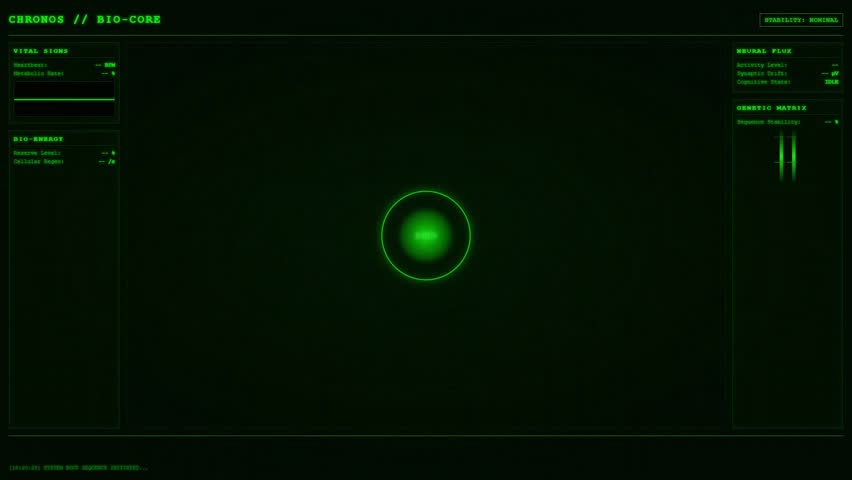 Animated futuristic bio-interface displaying vital signs, EKG graph, DNA strands, and a central pulsing core. Green digital readout with system logs and particle effects.