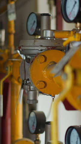 Steel gas transporting pipeline with fittings and pressure meters in mechanical room closeup. Pipes for flammable fuel delivering for water heating