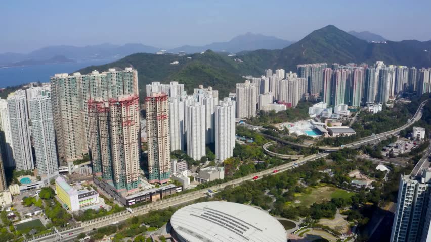 Hong Kong High-Rise Residential Buildings and Stadium Aerial View