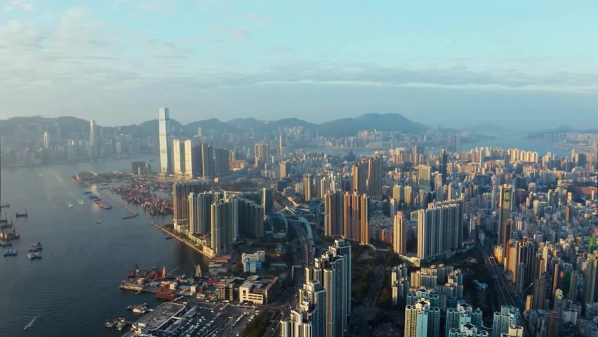 Panoramic Aerial View of Hong Kong Cityscape at Dawn
