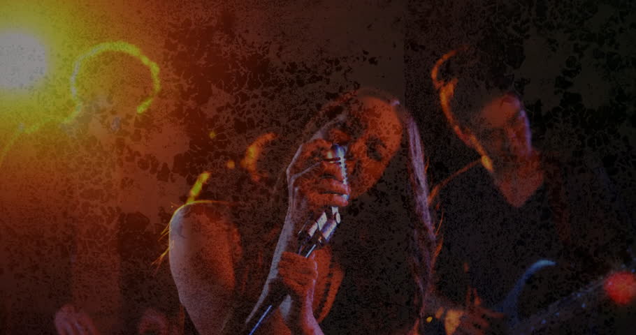 Lead singer performing on dark stage, with animated music notes and glowing equalizer bars. Live music, band, performance, stage, concert, nightlife, entertainment