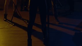 woman singer performing into microphone on music stage, with animated snow particles and spotlights. Concert, performance, nightlife, stage, entertainment, creativity, vibrant - Powered by Shutterstock - Get 15% off with code: PIKWIZARD15