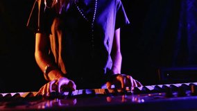 Woman standing against studio stage, showing green tech glitch effects under purple orange lights. Digital art, futuristic, cyberpunk, neon lighting, vibrant, technology, multimedia - Powered by Shutterstock - Get 15% off with code: PIKWIZARD15