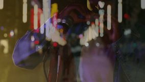 male musician playing harmonica on city street at night, with animated neon music chart overlays. Performer, nightlife, vibrant, street art, entertainment, urban, artistic - Powered by Shutterstock - Get 15% off with code: PIKWIZARD15